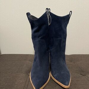 NEW Anthropologie Silent D Slouch Western Suede NAVY BLUE heeled boot 39 *no box